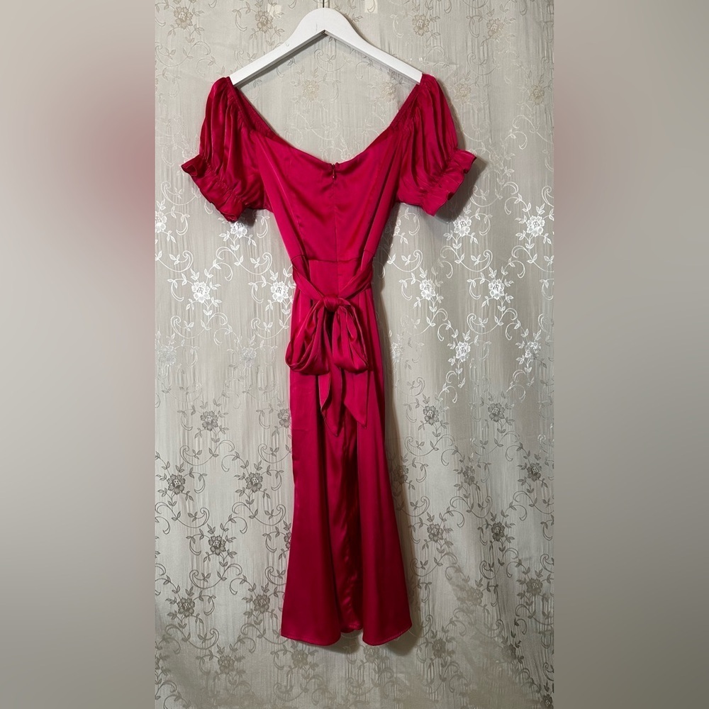 North End Boutique Satin Flirty Milkmaid Pink Puff Sleeve Bow Midi Dress Small - Picture 6 of 7